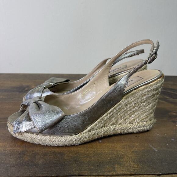 Valentino Metallic Silver Pewter Leather Bow Wedge Espadrille Sandals EU 39 8.5 - Picture 3 of 15